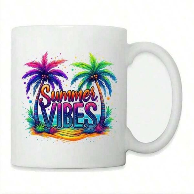 Tailorly White Ceramic 11 oz Mug - Summer Vibes Vibrant Colorful Palm Trees Standing On Sandy Beach With Sun Splashes Palm Tree