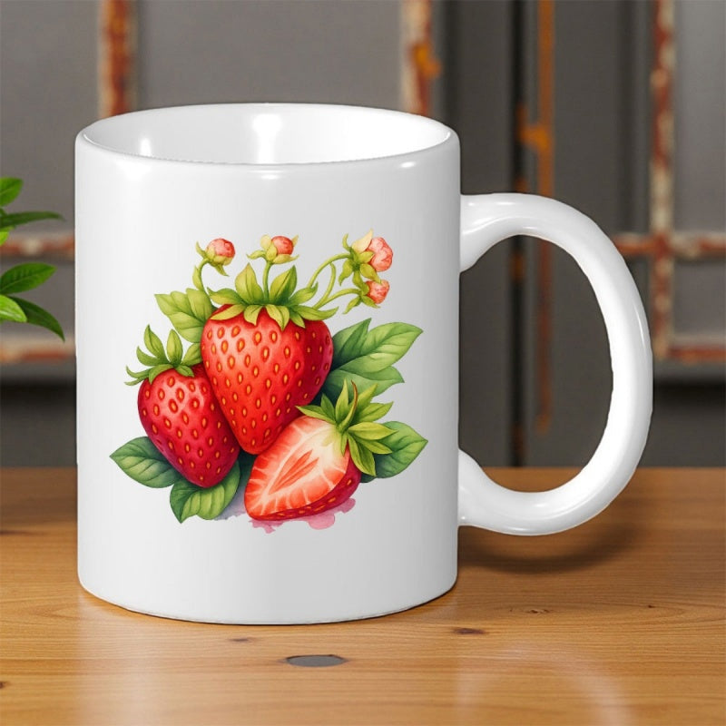Tailorly White Ceramic 11 oz Mug - Vibrant Red Garden Berries Nestled Among Lush Green Leaves And Small Blossoms Strawberry