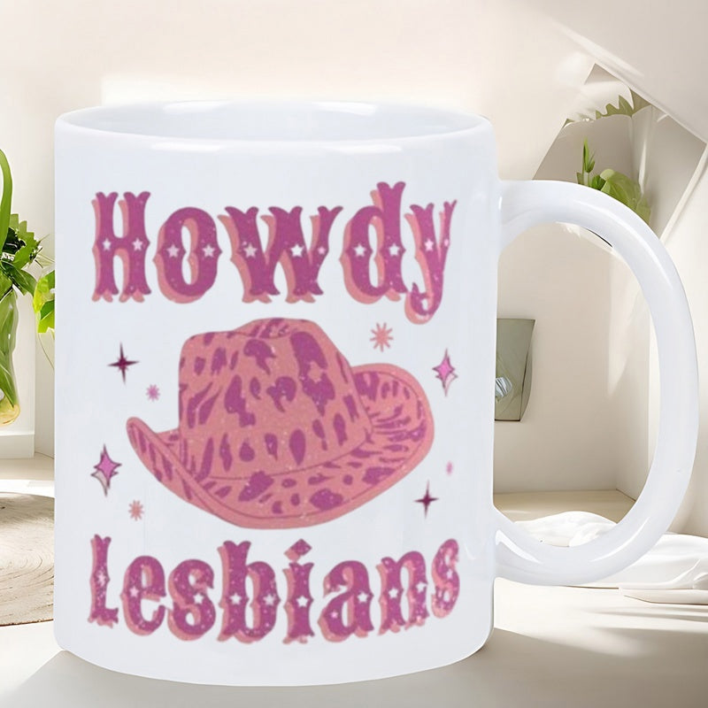 Tailorly White Ceramic 11 oz Mug - Howdy Lesbians Pink Leopard Print Cowboy Hat Surrounded By Small Sparkling Stars Hat
