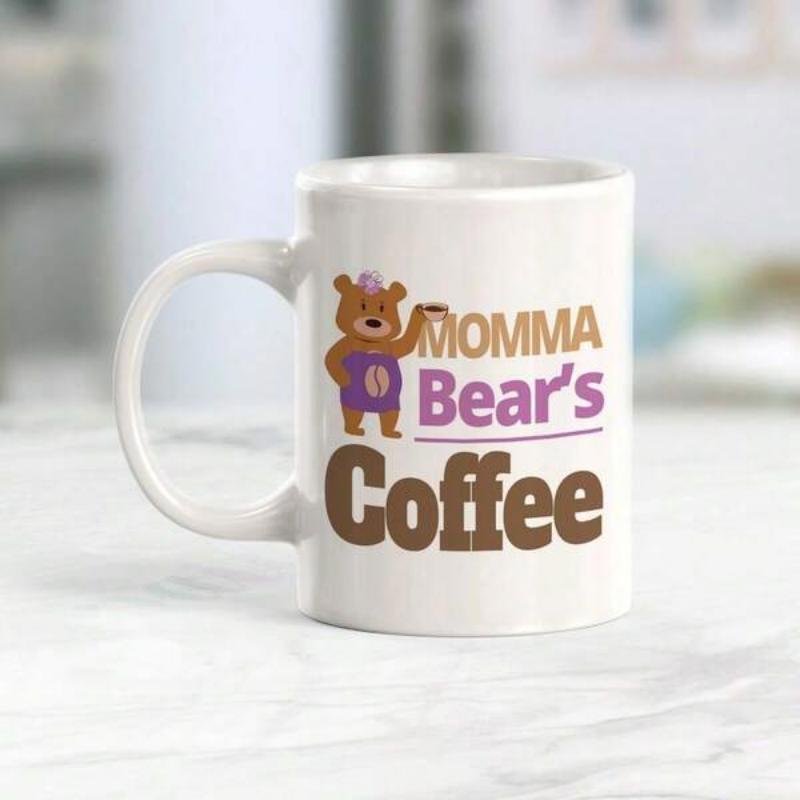Tailorly White Ceramic 11 oz Mug - Momma Bears Coffee Charming Little Brown Creature Wearing Cute Purple Apron Themed Coffee Bear
