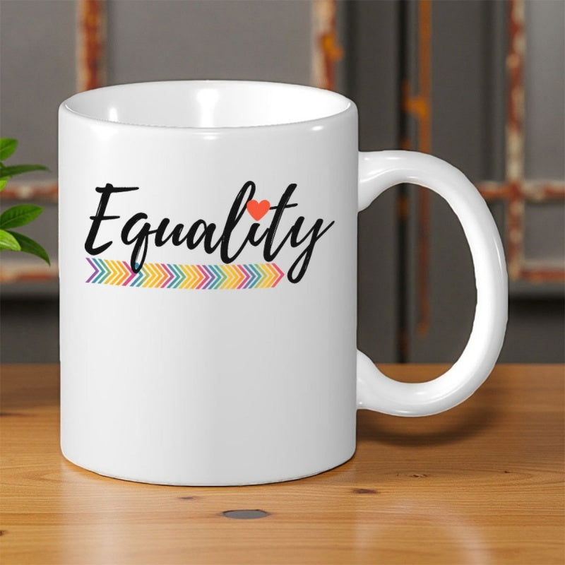 Tailorly White Ceramic 11 oz Mug - Equality Rainbow Pride Colors Chevron Pattern With A Small Red Heart Equality