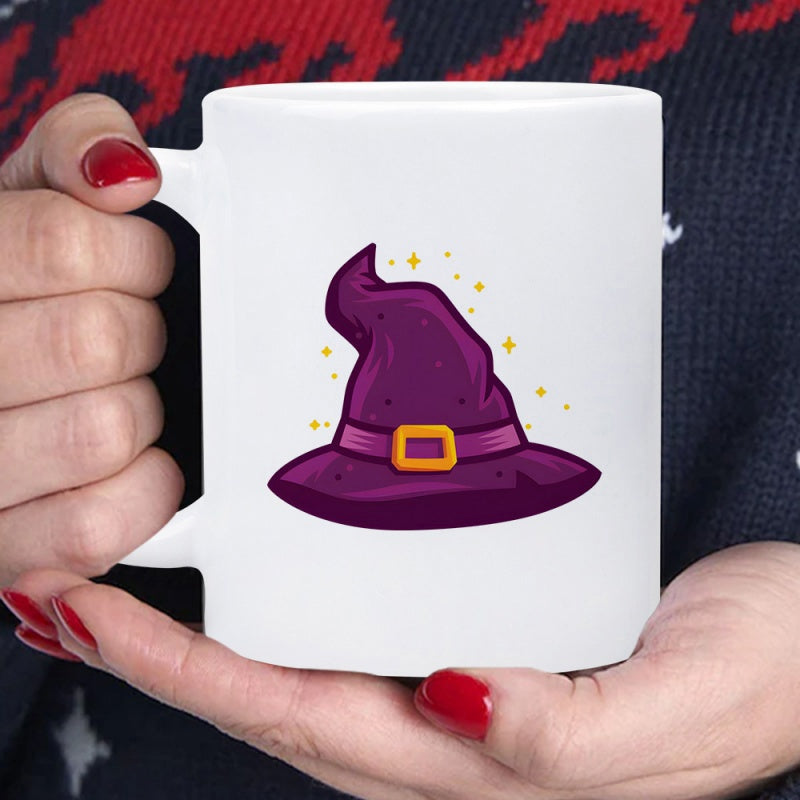 Tailorly White Ceramic 11 oz Mug - Enchanting Purple Pointed Accessory With Sparkling Golden Stars And Buckle Witch Hat