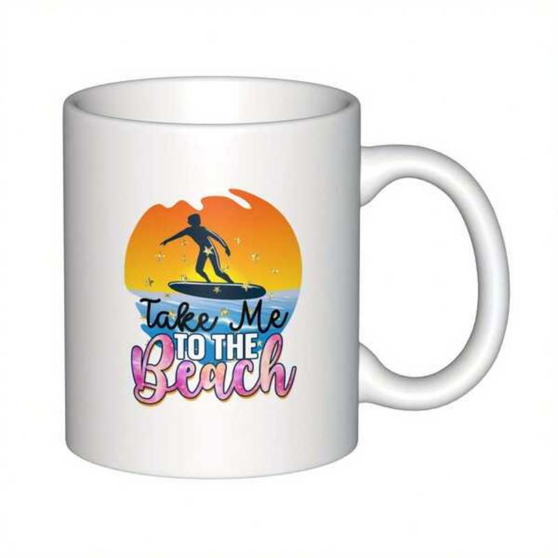 Tailorly White Ceramic 11 oz Mug - Take Me To The Beach Silhouette Of A Surfer Riding Waves Under A Vibrant Warm Sunset Surfer