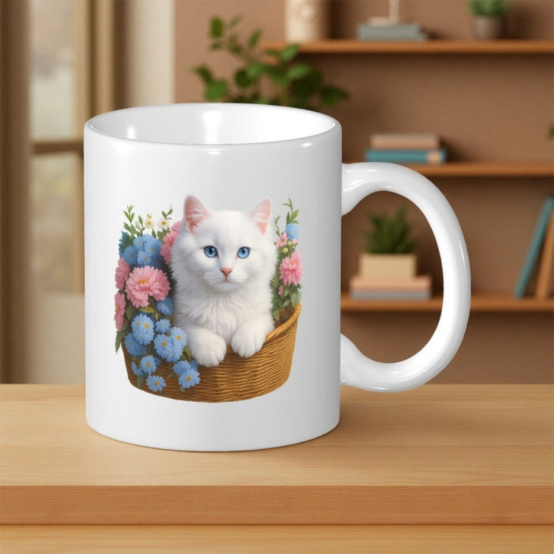 Tailorly White Ceramic 11 oz Mug - Fluffy White Kitten With Blue Eyes Sitting Inside A Floral Basket Cat