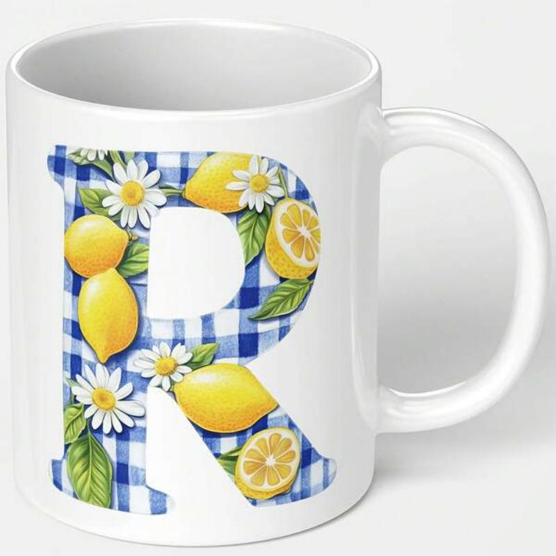 Tailorly White Ceramic 11 oz Mug - R Vibrant Yellow Lemons And White Daisies Over Blue Gingham Patterned Letter R
