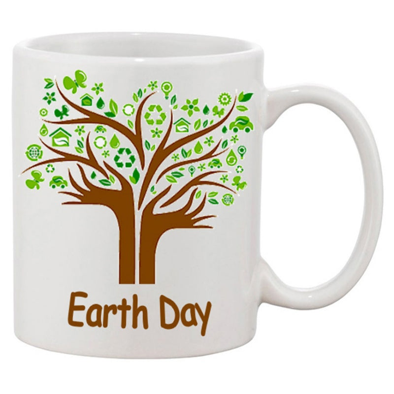 Tailorly White Ceramic 11 oz Mug - Earth Day Majestic Brown Tree With Hand Shaped Trunk And Green Eco Icons Tree