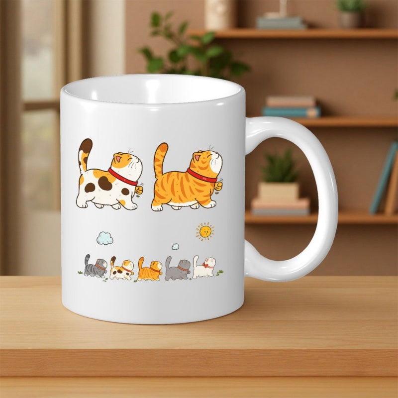 Tailorly White Ceramic 11 oz Mug - Adorable Cartoon Feline Friends Walking Under Sun And Clouds Cat