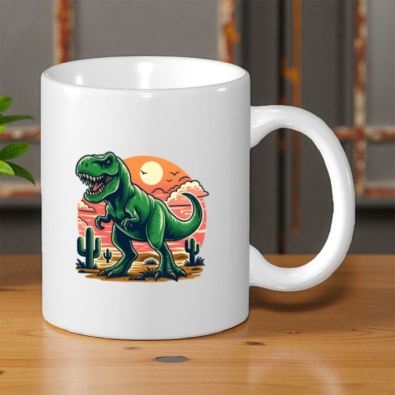 Tailorly White Ceramic 11 oz Mug - Roaring Green Tyrannosaurus Rex Standing Within A Sunny Desert Cactus Landscape Dinosaur