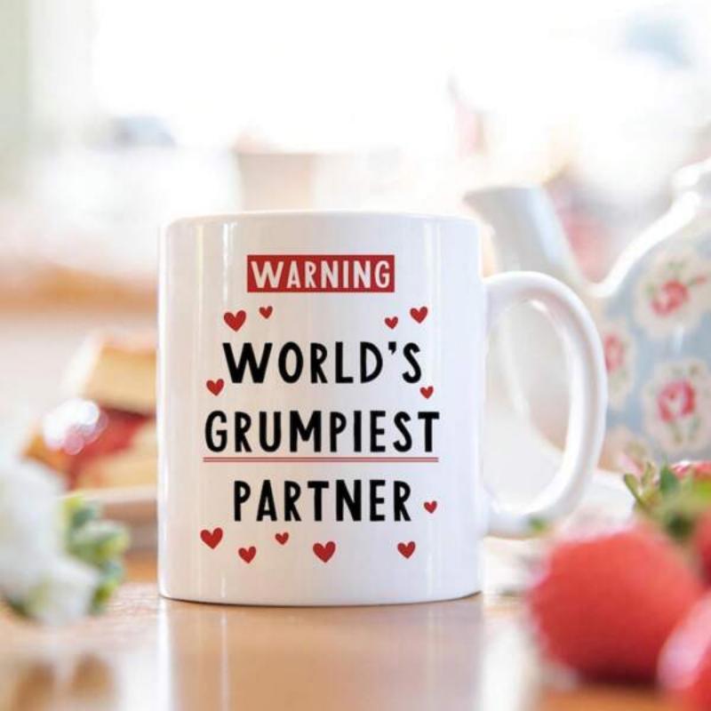 Tailorly White Ceramic 11 oz Mug - Warning World's Grumpiest Partner Decorated With Tiny Red Hearts And Bold Humorous Text Mug