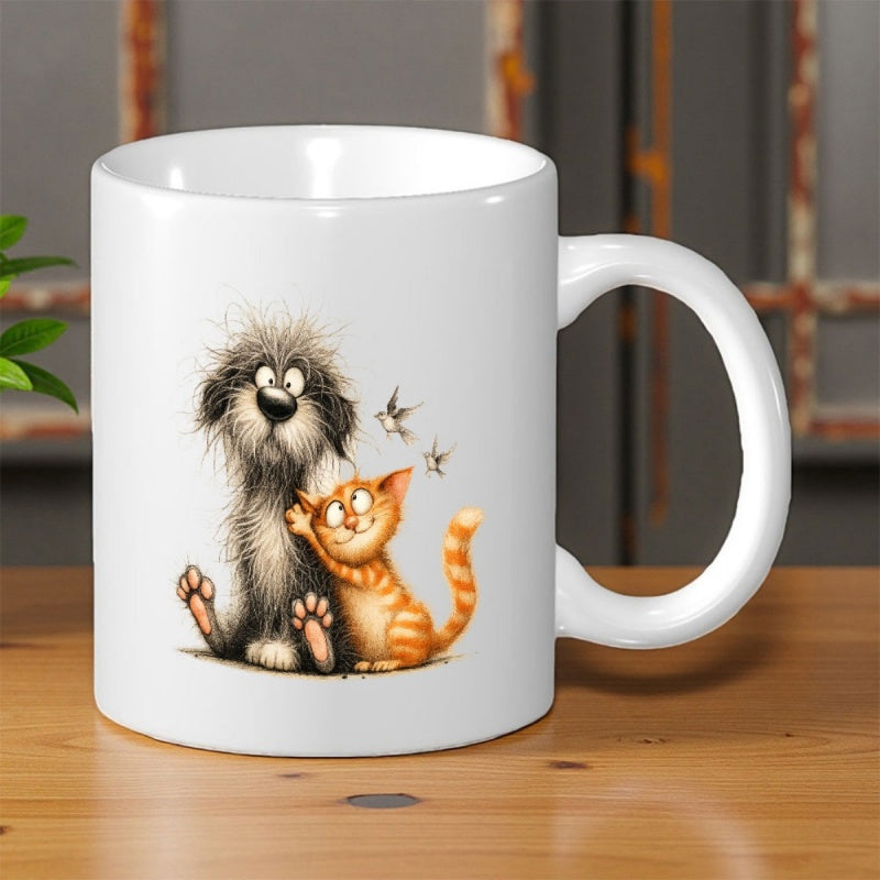 Tailorly White Ceramic 11 oz Mug - Whimsical Scruffy Black Dog Sitting With A Cheerful Orange Tabby Cat