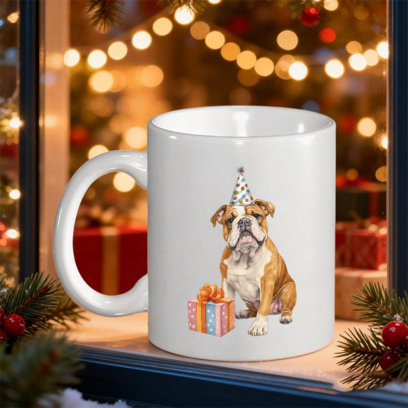 Tailorly White Ceramic 11 oz Mug - Festive English Bulldog Wearing Party Hat Beside Small Wrapped Gift Bulldog