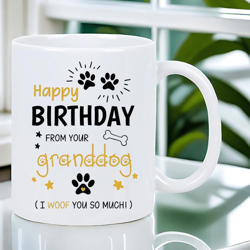 Tailorly White Ceramic 11 oz Mug - Happy Birthday From Your Granddog I Woof You So Much Cute Black Paw Prints With Bone Icon And Little Golden Stars Mug