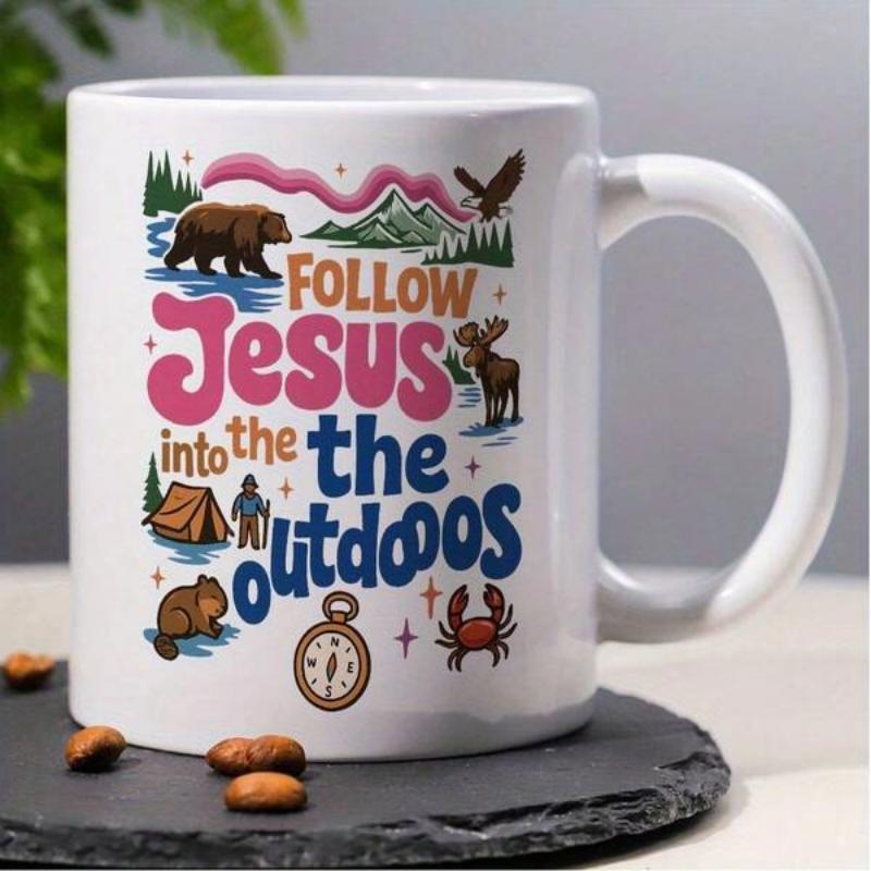 Tailorly White Ceramic 11 oz Mug - Follow Jesus Into The Outdoors Illustrative Wildlife Among Rugged Mountains And Tall Pines Under Flying Eagle Nature