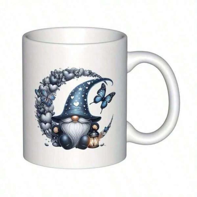 Tailorly White Ceramic 11 oz Mug - Adorable Wizard Hat Sitting Within A Crescent Moon Of Hearts Gnome