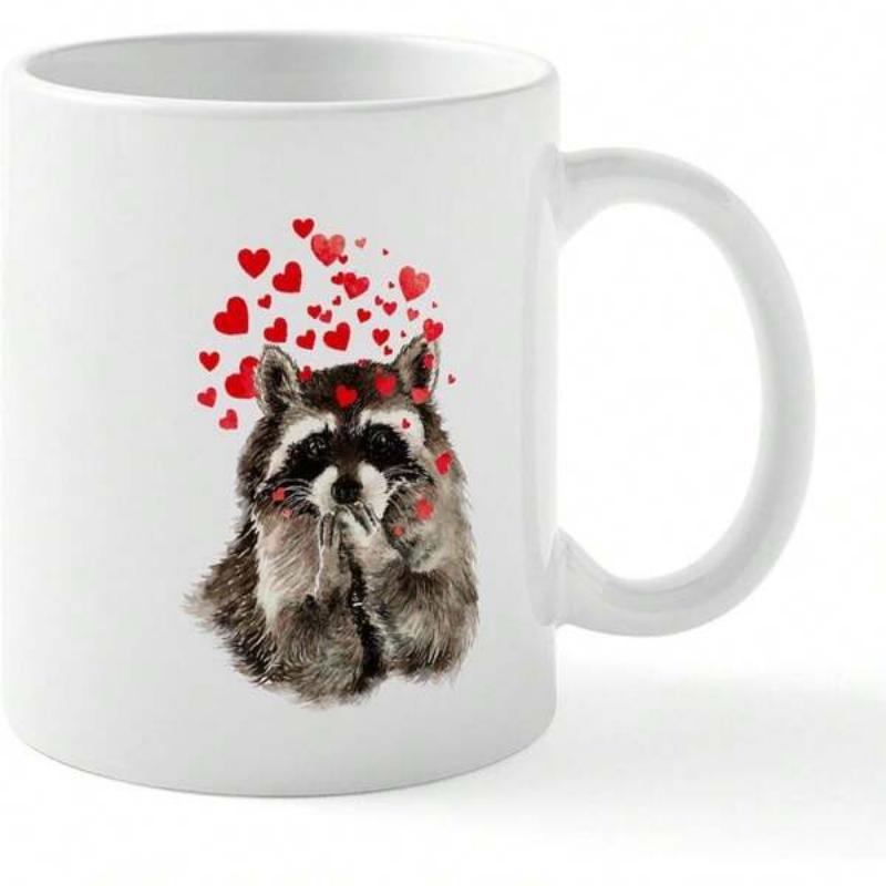 Tailorly White Ceramic 11 oz Mug - Charming Watercolor Style Animal Surrounded By Many Floating Small Red Love Hearts Raccoon