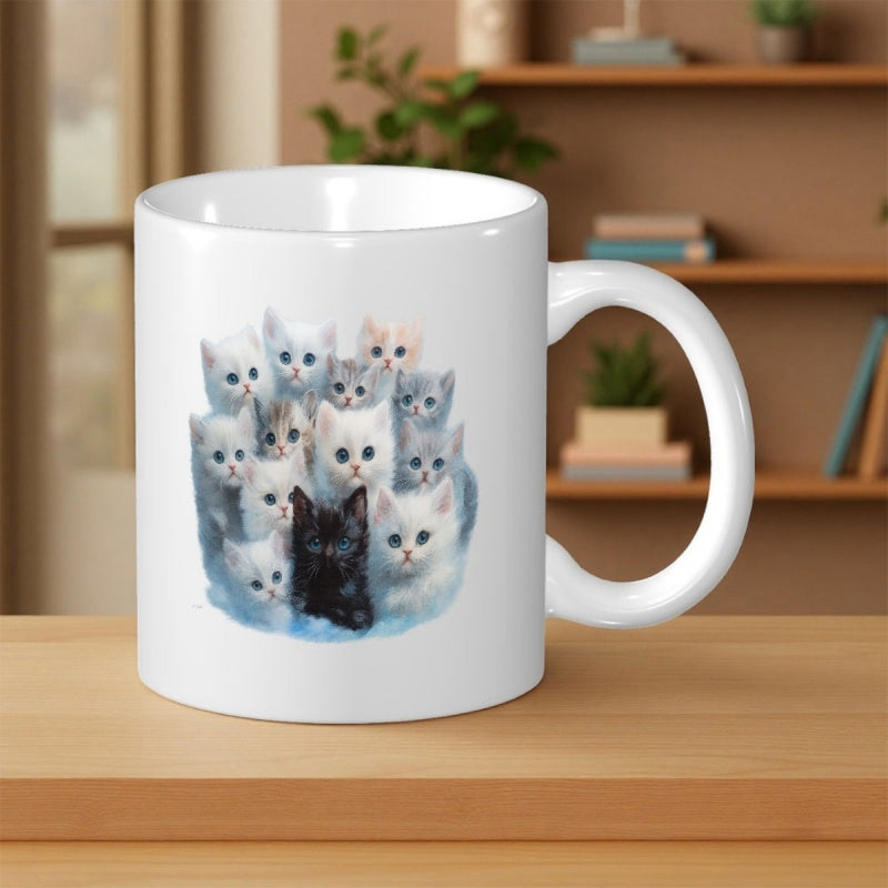 Tailorly White Ceramic 11 oz Mug - Adorable Fluffy White And Grey Little Felines Gathering Around One Black Kitten