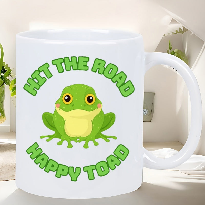 Tailorly White Ceramic 11 oz Mug - Hit The Road Happy Toad Vibrant Green Cartoon Amphibian Sitting Quietly Within A White Background Toad