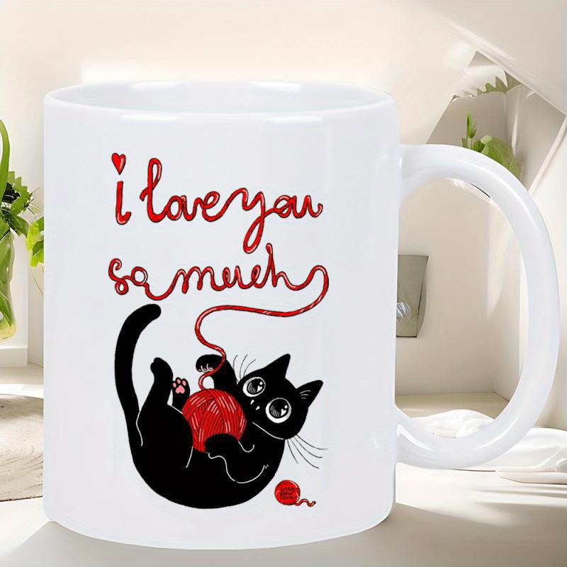 Tailorly White Ceramic 11 oz Mug - I Love You So Much Playful Black Kitten Playing With Red Yarn Ball Cat