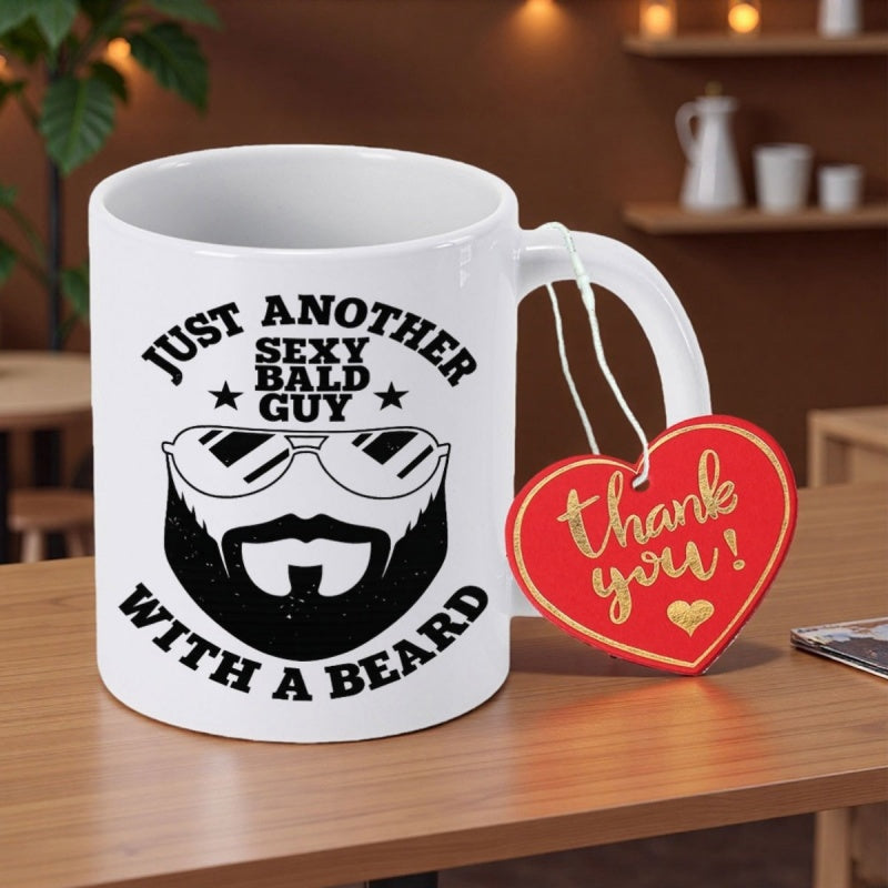 Tailorly White Ceramic 11 oz Mug - Just Another Sexy Bald Guy With A Beard Minimalist Black Silhouette Featuring Sunglasses And A Thick Masculine Goatee Man