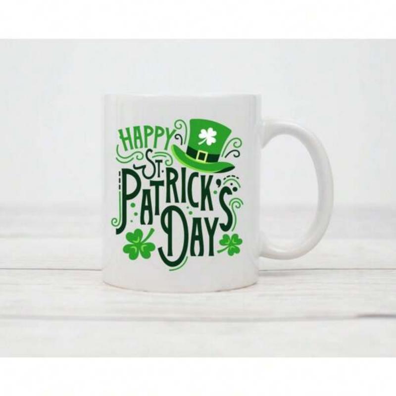 Tailorly White Ceramic 11 oz Mug - Happy St Patrick Day Festive Green Clover Design With Swirling Artistic Details Hat