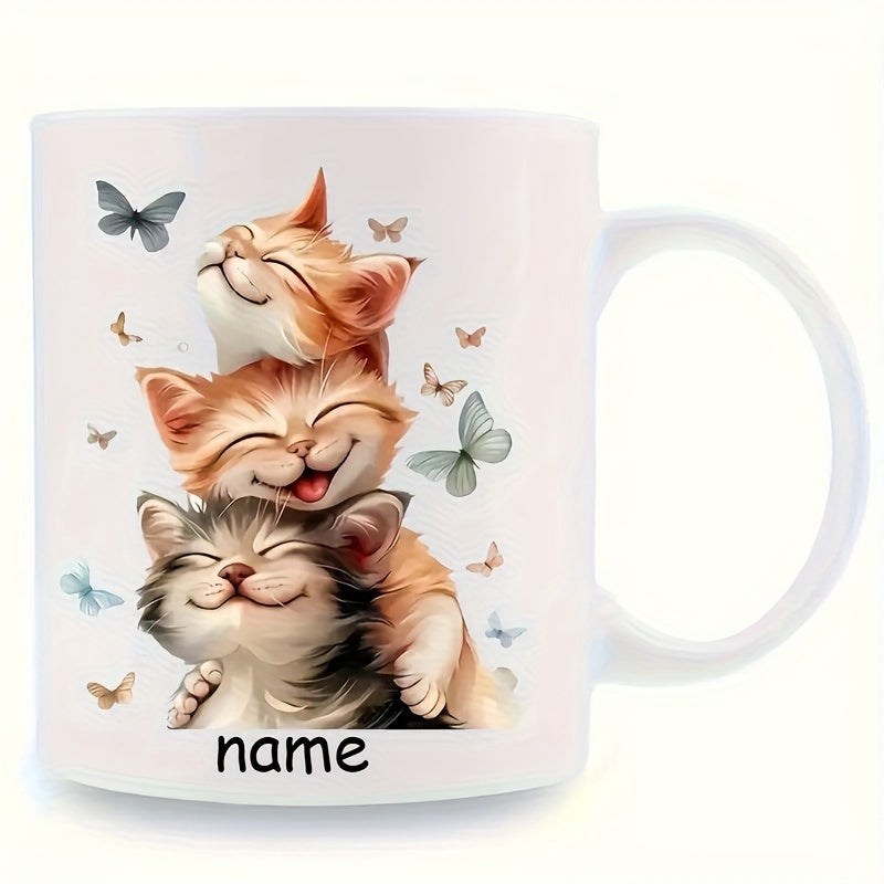 Tailorly White Ceramic 11 oz Mug - Name Three Happy Kittens Stacked Vertically Smiling Peacefully Among Delicate Small Butterflies Kitten