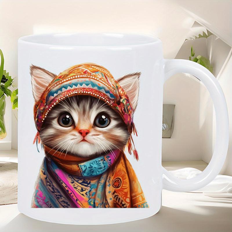 Tailorly White Ceramic 11 oz Mug - Adorable Whimsical Kitten Wearing Colorful Patterned Bohemian Hat And Scarf Cat