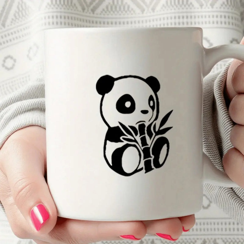 Tailorly White Ceramic 11 oz Mug - Minimalist Black And White Illustration Of A Cute Bamboo Eating Panda