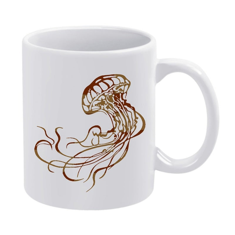 Tailorly White Ceramic 11 oz Mug - Intricate Brown Line Art Style With Elegant Flowing Tentacles Detailed Jellyfish