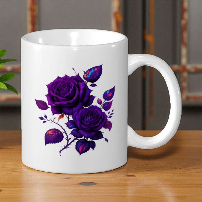 Tailorly White Ceramic 11 oz Mug - Elegant Dark Purple Blossoming Roses With Thorns And Delicate Leaves Rose