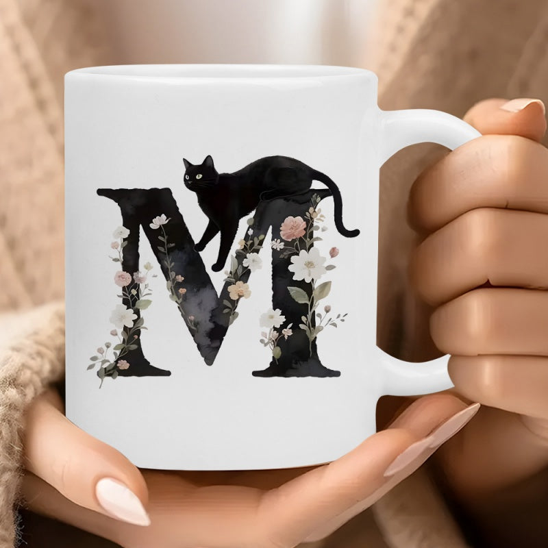 Tailorly White Ceramic 11 oz Mug - M Elegant Floral Monogram With Sleek Black Cat Resting Comfortably Cat