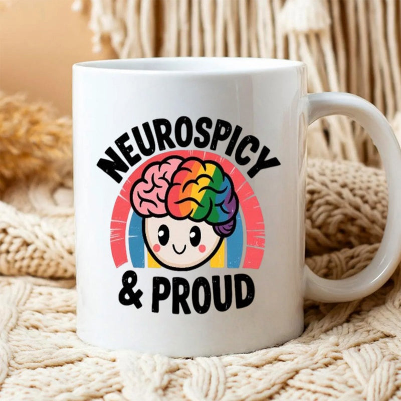 Tailorly White Ceramic 11 oz Mug - Neurospicy Proud Vibrant Smiling Cartoon Character Featuring Colorful Rainbow Brain Textures Brain