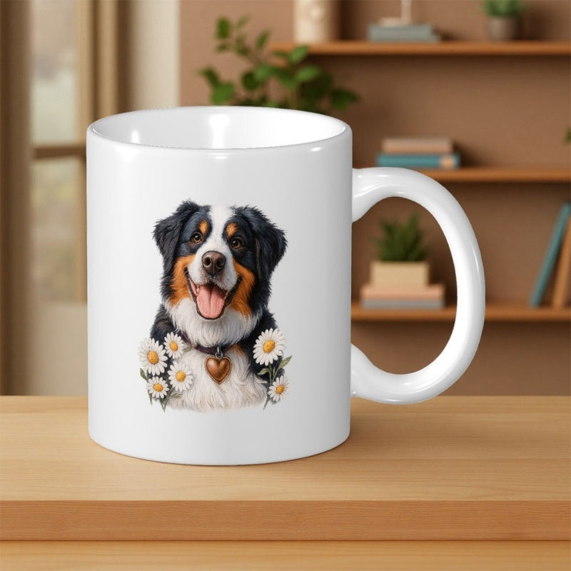 Tailorly White Ceramic 11 oz Mug - Happy Bernese Mountain Dog Among Beautiful White Daisies And Golden Heart Dog