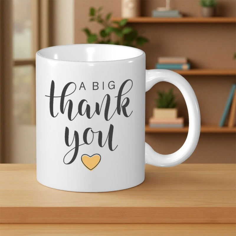 Tailorly White Ceramic 11 oz Mug - A Big Thank You Handwritten Script With A Small Yellow Heart On White Surface Mug