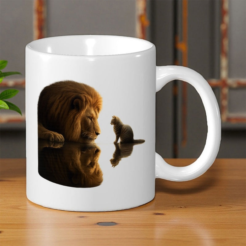 Tailorly White Ceramic 11 oz Mug - Small Kitten Facing Large Feline With Soft Reflection On Surface Lion
