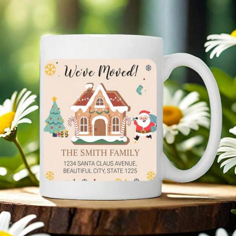 Tailorly White Ceramic 11 oz Mug - Weve Moved The Smith Family Festive Snowy Scene With Santa Claus And Decorated Gingerbread House