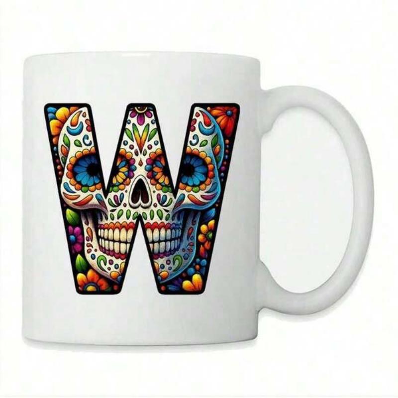 Tailorly White Ceramic 11 oz Mug - W Vibrant Mexican Sugar Skull Art Inside A Bold Decorative Letter