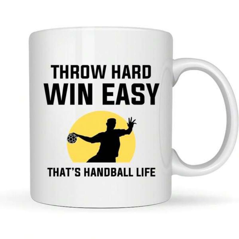 Tailorly White Ceramic 11 oz Mug - Throw Hard Win Easy Thats Handball Life Dynamic Player Silhouette Posed Against A Radiant Circular Sun Background Handballer