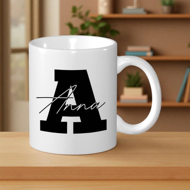 Tailorly White Ceramic 11 oz Mug - Anna Bold Block Style Letter A With Elegant Script Cursive Name Mug