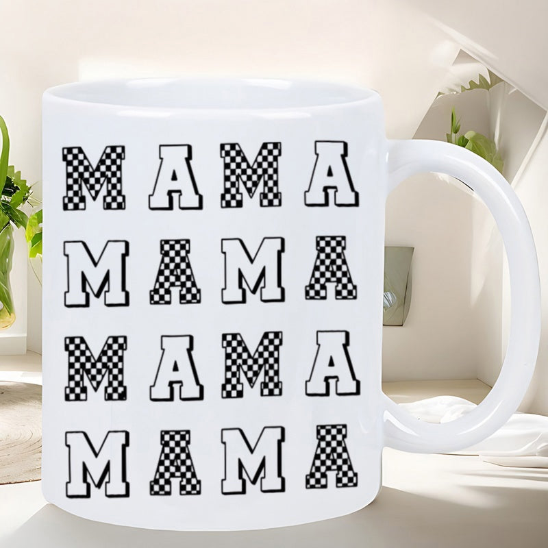 Tailorly White Ceramic 11 oz Mug - Mama Repeating Varsity Style Letters With Black And White Checkered Patterns Mug