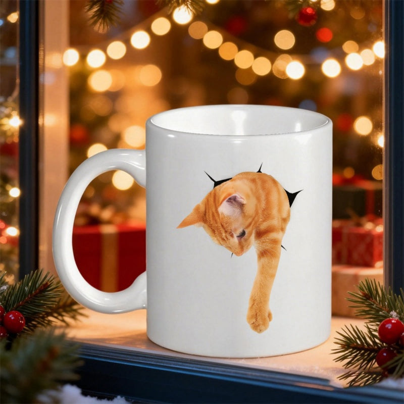 Tailorly White Ceramic 11 oz Mug - Playful Ginger Kitten Peeking Through Broken Tabby Cat
