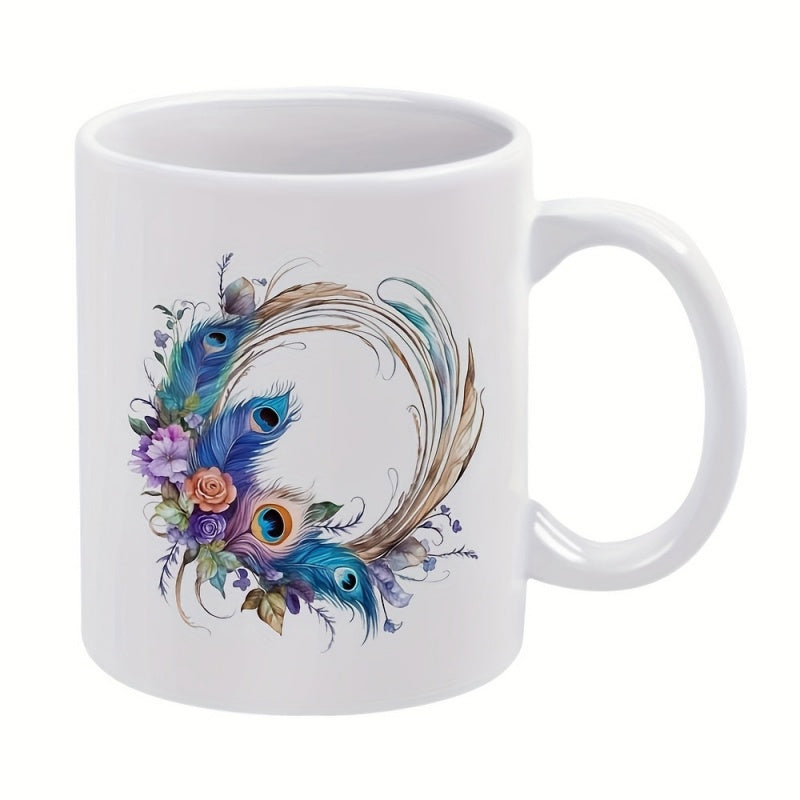 Tailorly White Ceramic 11 oz Mug - Vibrant Artistic Feathers Arranged In A Circular Wreath With Roses Peacock