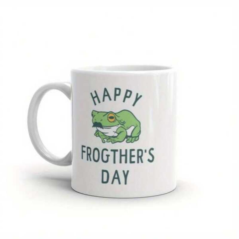 Tailorly White Ceramic 11 oz Mug - Happy Frogther's Day Green Frog Wearing A Black Mustache Centered Between Festive Text Frog