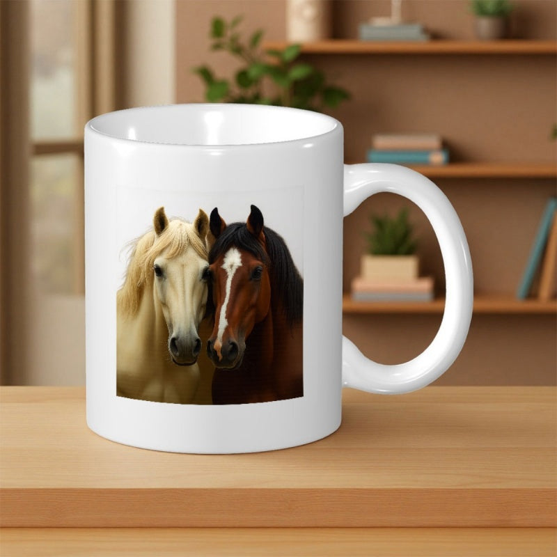 Tailorly White Ceramic 11 oz Mug - Two Majestic Horses Standing Together Under Soft Warm Natural Light Horse