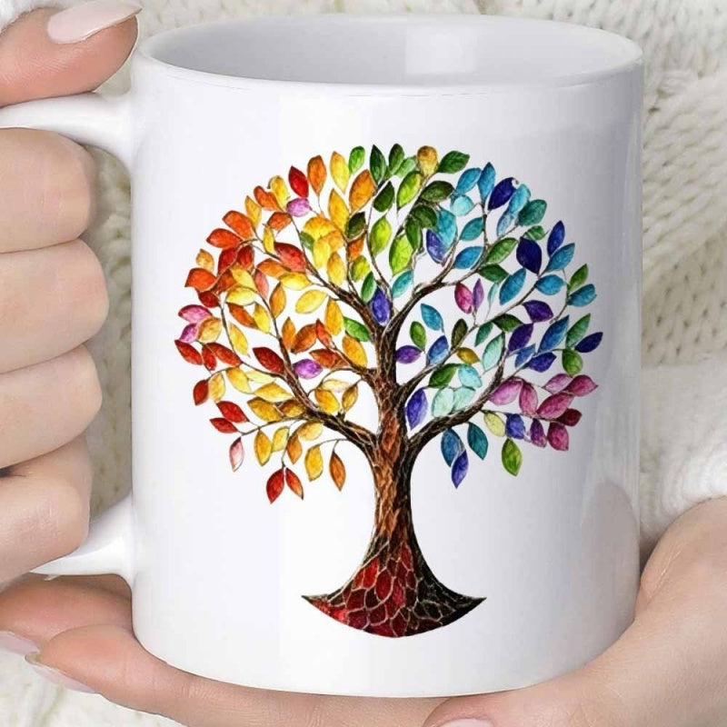 Tailorly White Ceramic 11 oz Mug - Vibrant Artistic Life Blooming With Colorful Rainbow Spectrum Leaves Majestic Tree