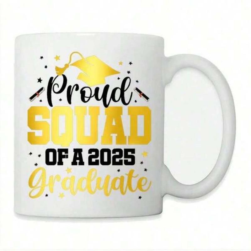 Tailorly White Ceramic 11 oz Mug - Proud Squad Of A 2025 Graduate Shiny Golden Graduation Cap With Elegant Diplomas And Decorative Festive Dots Cap