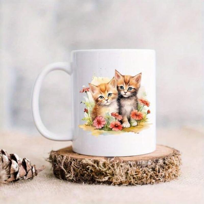 Tailorly White Ceramic 11 oz Mug - Adorable Little Ginger Felines Sitting Among Blooming Spring Garden Flowers Kittens