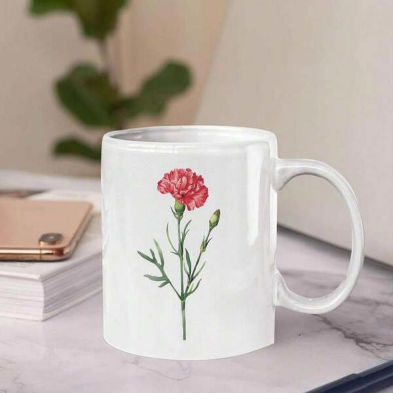 Tailorly White Ceramic 11 oz Mug - Elegant Pink Botanical Illustration Featuring A Blooming Red Flower Carnation