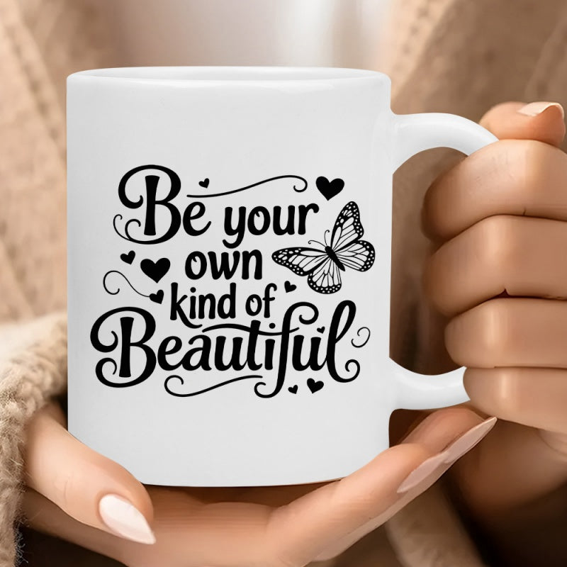 Tailorly White Ceramic 11 oz Mug - Be Your Own Kind Of Beautiful Graceful Black Butterfly Flying Among Tiny Hearts And Elegant Swirls Butterfly