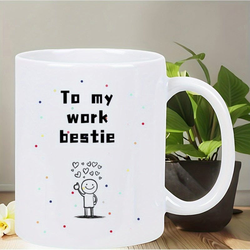 Tailorly White Ceramic 11 oz Mug - To My Work Bestie Simple Minimalist Stick Figure Smiling With Many Floating Tiny Hearts Above Person