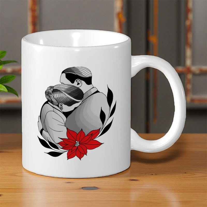 Tailorly White Ceramic 11 oz Mug - Stylized Monochromatic Illustration Of A Romantic Embrace With Red Poinsettia Couple